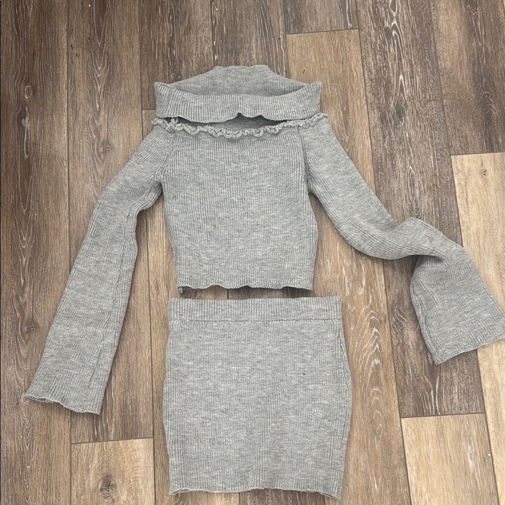 Gray Knit Off-Shoulder Sweater and Skirt Set